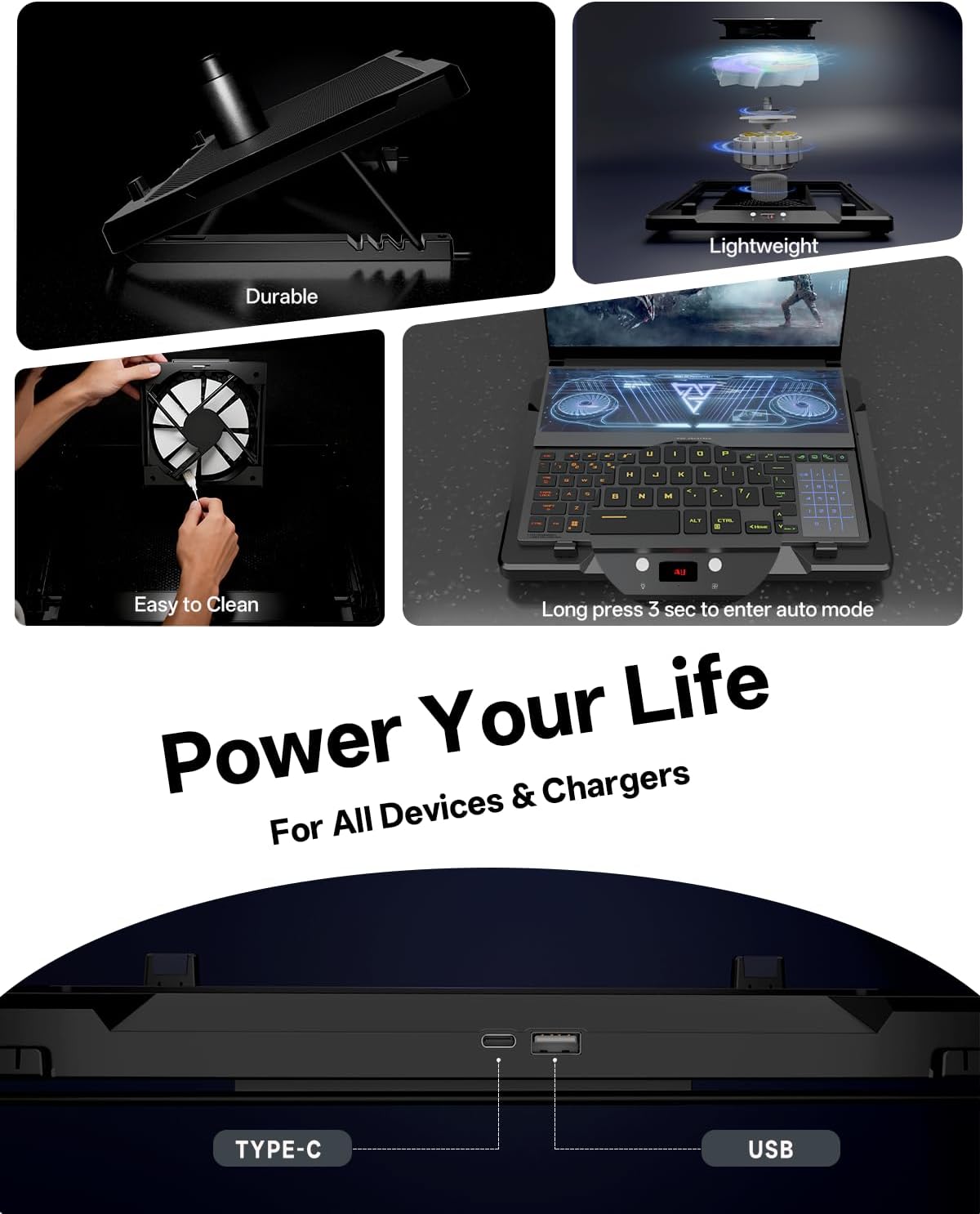 DEPGI Laptop Cooling Pad, Laptop Cooler Stand with 5.5" Movable Fan Easy to Clean, Auto Temp Sensor & 3-Speed Manual Control, Ultra Quiet ≤40dB for 14–17.3 Inch Laptops，Black