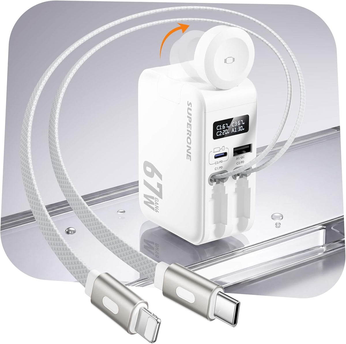 67W Retractable Wall Charger with USB-C and Apple Cables 5-in-1 | Retractable Charger with Dual USB Ports, Laptop GAN Fast Charging Block & Built Watch Charger for MacBook Pro, iPhone, Galaxy