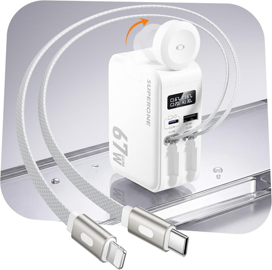 67W Retractable Wall Charger with USB-C and Apple Cables 5-in-1 | Retractable Charger with Dual USB Ports, Laptop GAN Fast Charging Block & Built Watch Charger for MacBook Pro, iPhone, Galaxy