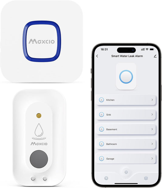 MAXCIO Wi-Fi Water Leak Detector, Smart Water Wireless Sensor with 110dB Adjustable Alarm, APP, SMS, Phone Notifications, 1640ft Transmission Range, Suitable for Basement, Bathroom and Kitchen