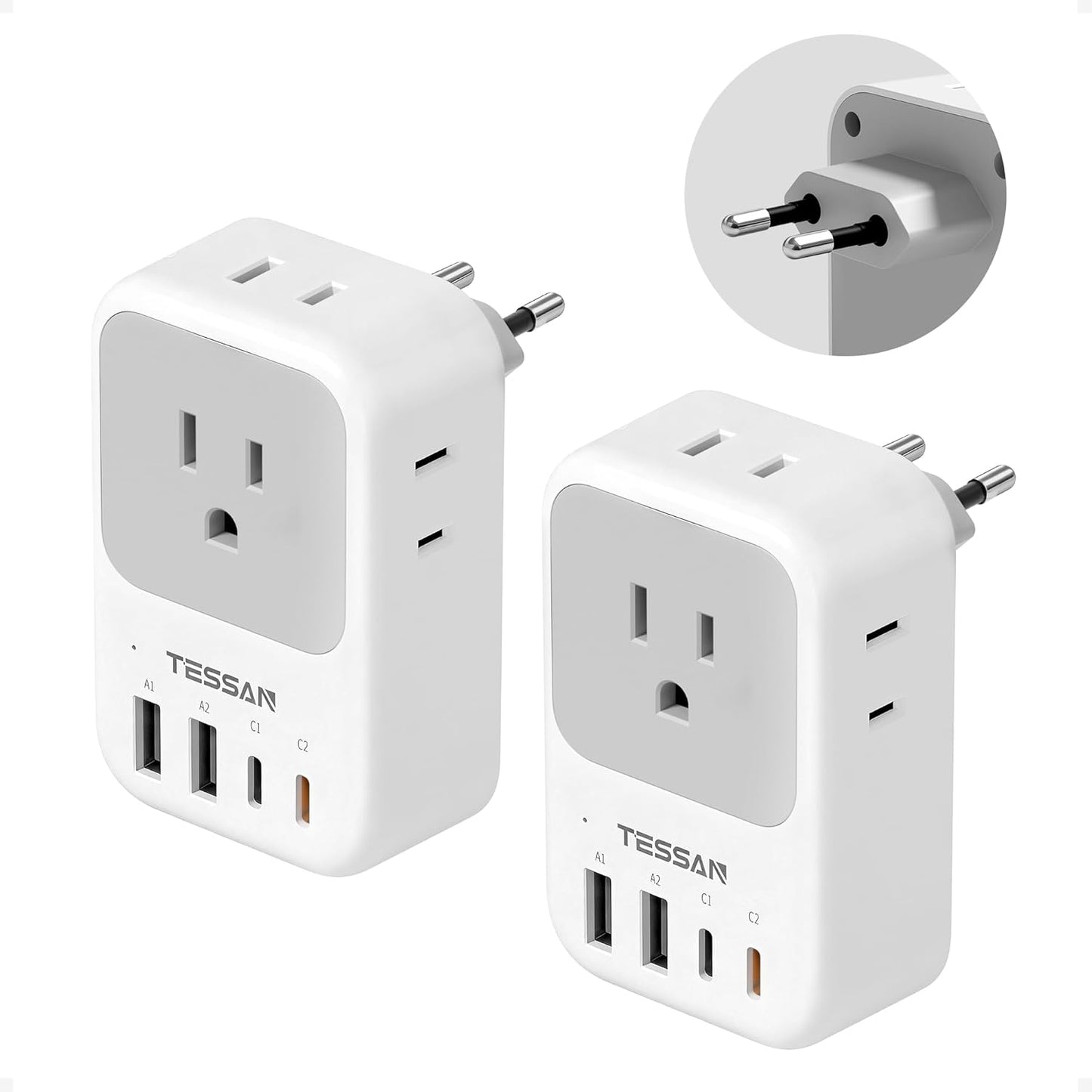 TESSAN European Travel Plug Adapter 2 Pack, PD 20W Adapter for Europe Plug | 4 AC Outlets, 4 USB (2 USB C), Type C Adaptor, US to Europe, Italy, Spain, France, Portugal, Greece, Iceland, Germany