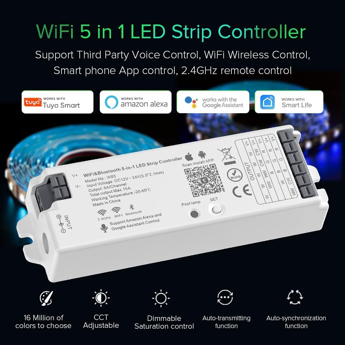 BTF-LIGHTING 5-in-1 WB5 2.4GHz WiFi LED Controller, PWM Dimmer Compatible with Alexa/Google Home/Tuya Smart/Smart Life APP, for Dimming/CCT/RGB/RGBW/RGBCCT Strip Light, Work with WR01RF, WR02RF, etc.