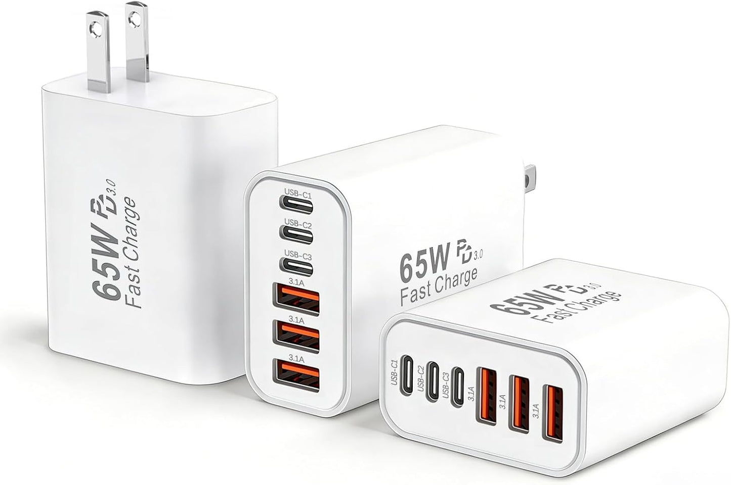 65W USB C Charger Block,3Pack 6-Port Type C Fast Phone Charging Block Cube PD Multiport USB C Power Adapter+QC 3.0 USB A Wall Plug for Apple iPhone 17/16/15/14/13/12/11 Pro Max/Plus/Air,iPad,Galaxy