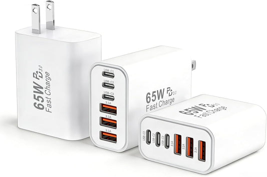 65W USB C Charger Block,3Pack 6-Port Type C Fast Phone Charging Block Cube PD Multiport USB C Power Adapter+QC 3.0 USB A Wall Plug for Apple iPhone 17/16/15/14/13/12/11 Pro Max/Plus/Air,iPad,Galaxy