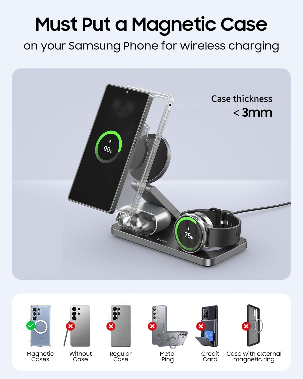 3 in 1 Foldable Magnetic Wireless Charging Station for Samsung, Wireless Charger Stand for Galaxy S26 Ultra S25/S24 /Note 20/Flip 7/Fold 7, for Galaxy Watch Ultra/8/7/6,Galaxy Buds 3/3 Pro