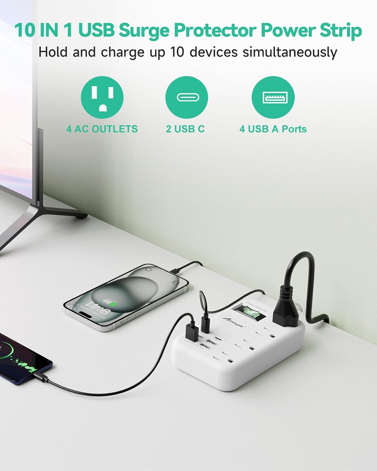 Alitayee 6 USB(2 USB C) Surge Protector Power Strip,4 AC Outlets, 6Ft Cord
