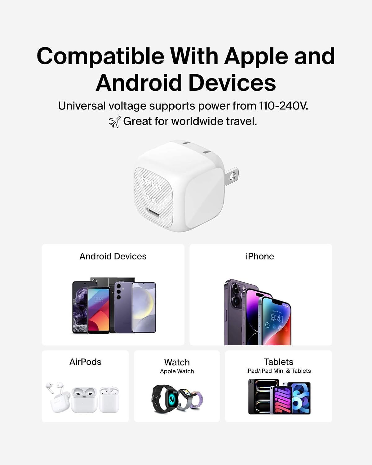 Belkin 20W Compact USB C Charger Block, Fast Charging for Travel | PD 3.1, Travel Charger, iPad, iPhone 17, Samsung Galaxy, Pixel, AirPods, Apple Watch, Nintendo Switch 2, Foldable Prongs