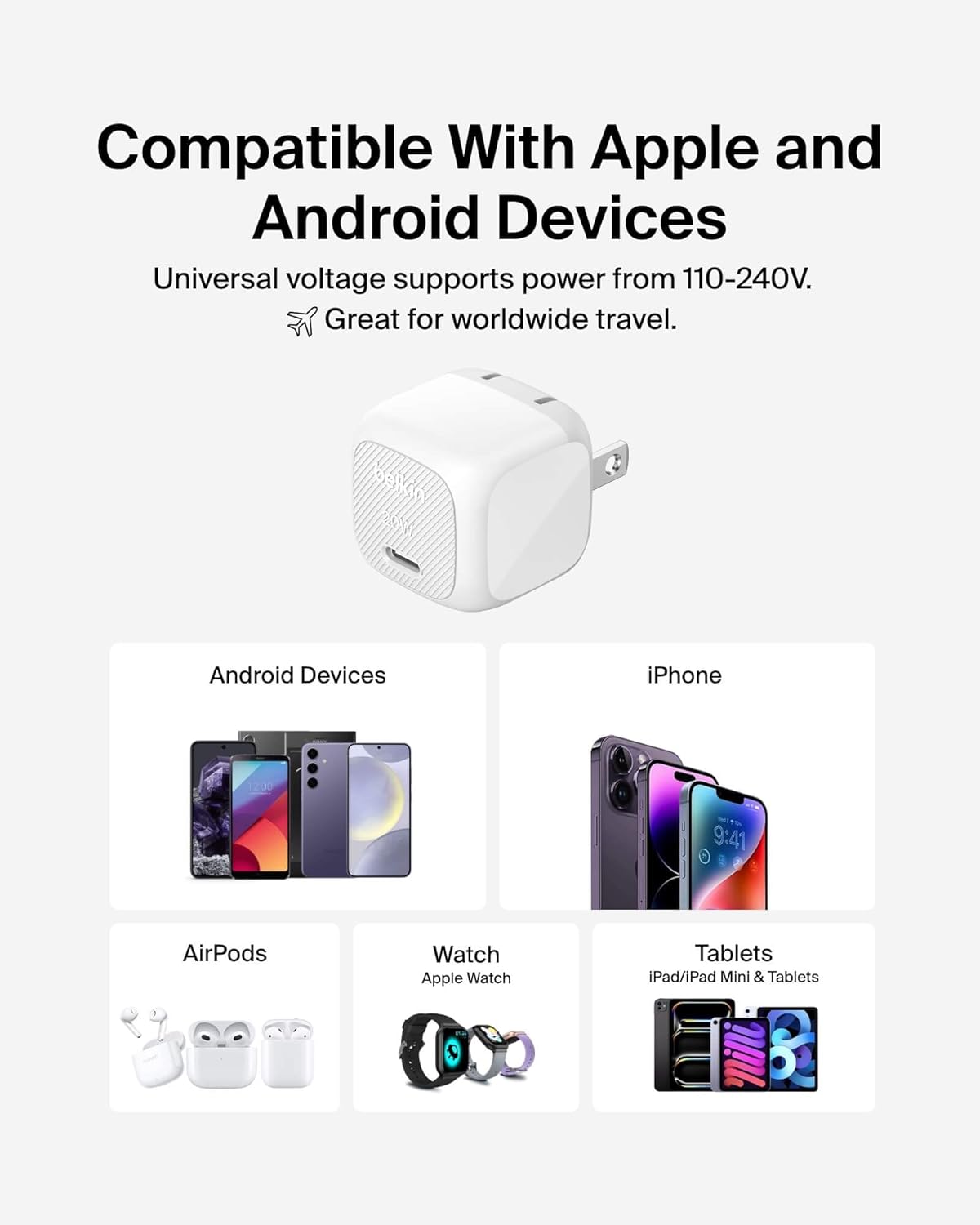 Belkin 20W Compact USB C Charger Block, 2 Pack, Fast Charging for Travel | PD 3.1, Travel Charger, iPad, iPhone 17, Samsung Galaxy, Pixel, AirPods, Apple Watch, Foldable Prongs, 3.3 ft Cables Included