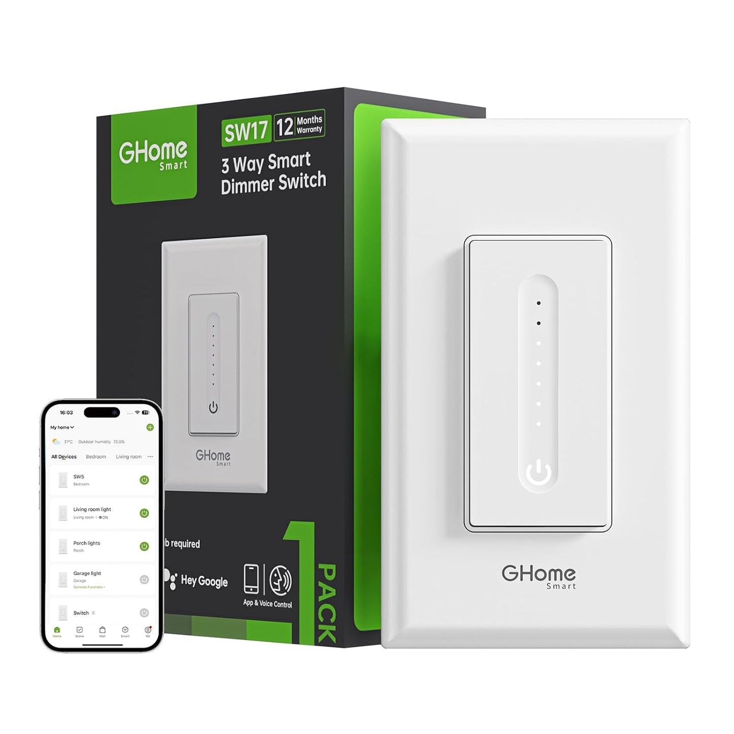 GHome Smart 3 Way Dimmer Switch, Dimmable Light Switch Works with Alexa & Google Home, WiFi 2.4Ghz, Compatible with Traditional 3 Way Switch or Work Seperately, Neutral Wire Required, FCC Certified