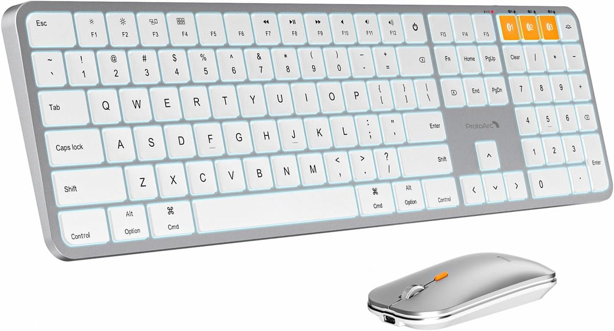 ProtoArc KM100-A Backlit Bluetooth Keyboard and Mouse for Mac, White Silver