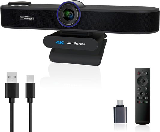 TONGVEO 3-in-1 4K Webcam with Microphones and Speaker, AI Auto-Tracking 5X Digital Zoom Webcam 4K Adjustable Field of View Remote Control Works with Microsoft Teams, Zoom, Google Meet, PC Mac Laptop