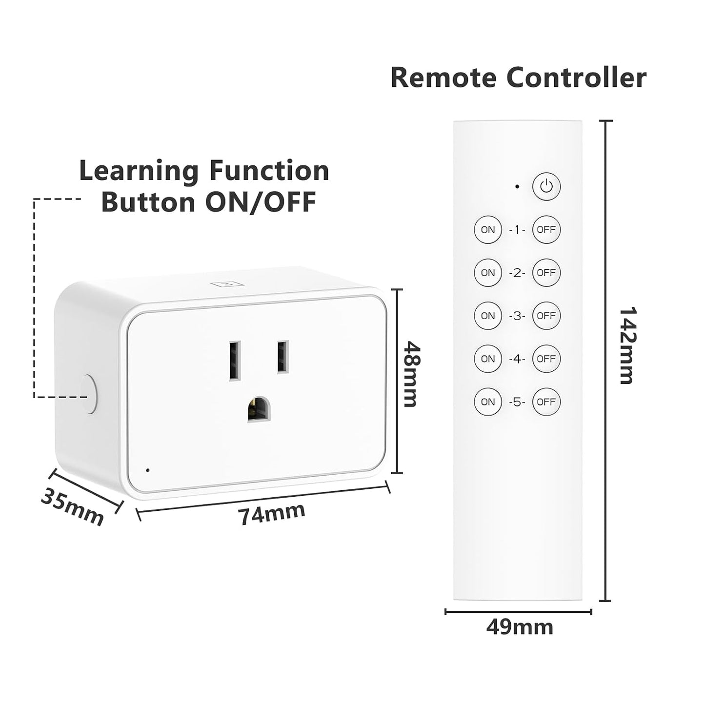 G-Homa Remote Control Outlet, Wireless Electrical Outlets Switch Plug for Household Appliances, Christmas Lights, 100FT Long Range, Learning Code, 1875W/15A, FCC & ETL Listed (5 Sockets+2 Remotes)