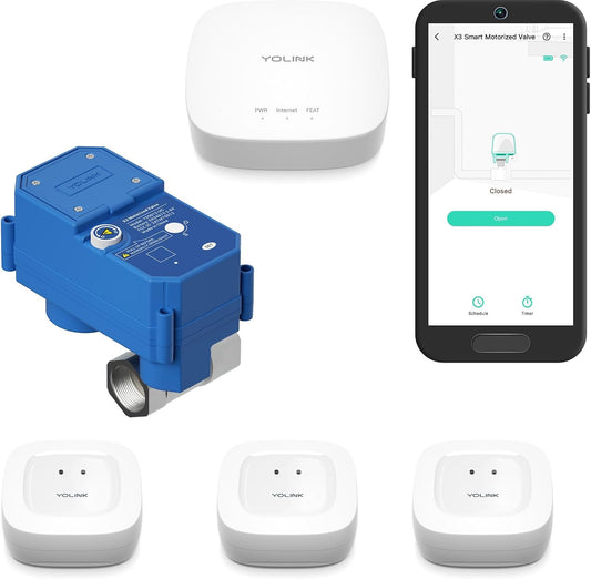 NSF Certified YoLink Leak Protection Kit, 3/4" Battery-Powered Shutoff Valve w/ Controller + 3 Leak Sensors + Hub, D2D Offline Auto Shutoff, LoRa Long-Range, App/Email/SMS Alerts, 10+ Year Battery