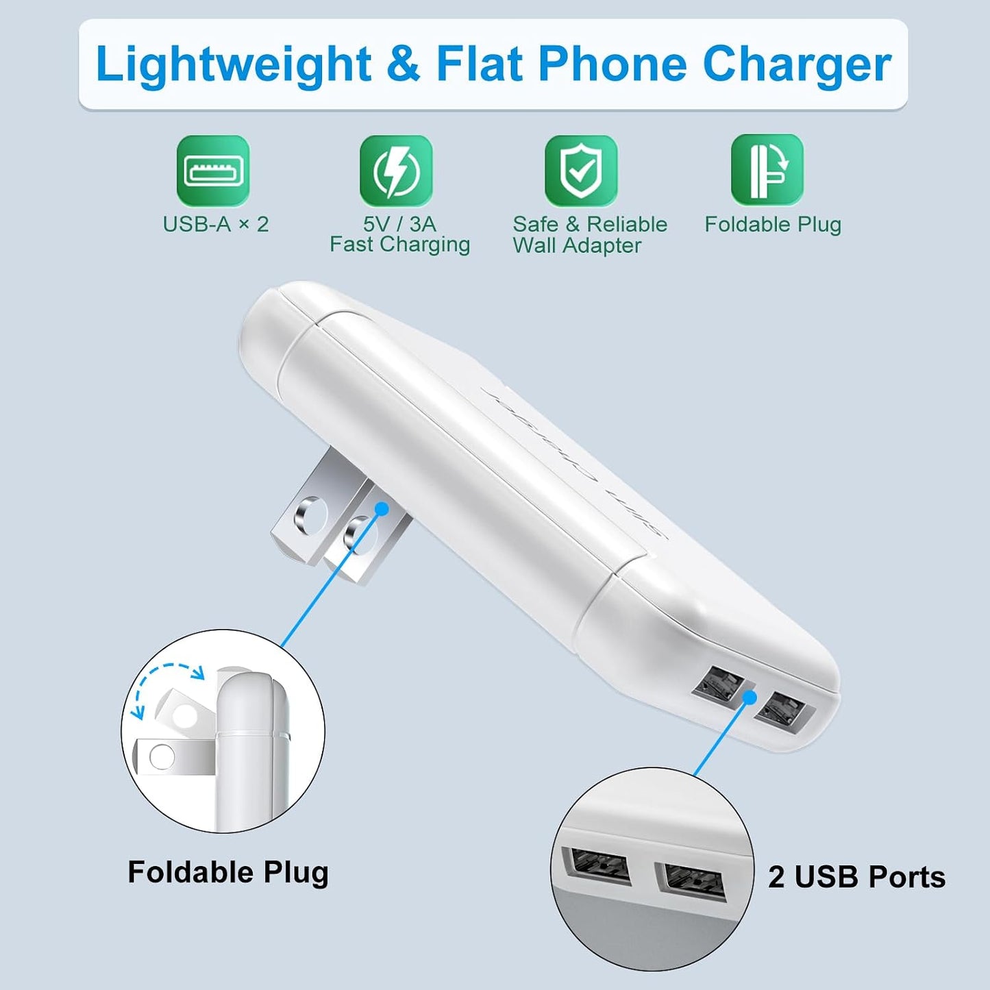 Flat USB Wall Charger, OKRAY Foldable&Extra-Slim 5v/3a Fast Charging Block | 3-Pack Dual USB-A Ports Charging Blocks Adapter Plug for iPhone 15 14 13 12 11 XR XS, iwatch 11, iPad, Galaxy S24 A16, Switch