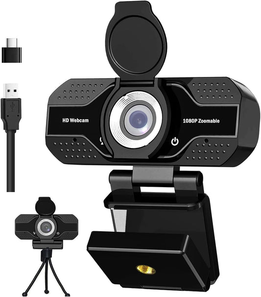 1080P HD Webcam with Microphone, Noise Cancellation, Privacy Cover, Wide-Angle Lens, Auto Light Correction, Plug & Play USB Webcam for Laptop, Desktop, PC, Zoom, Skype, Stream