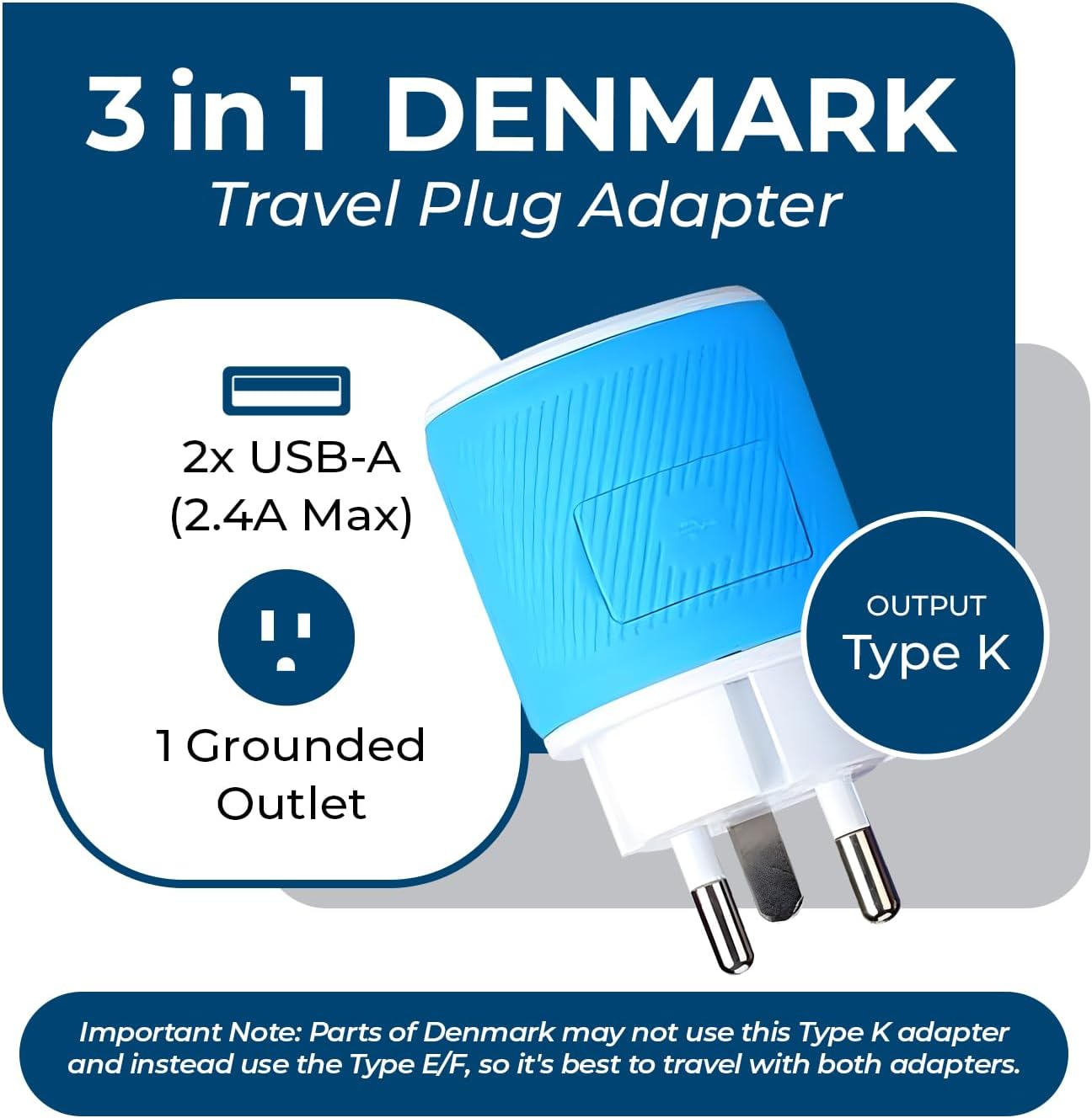 OREI Denmark Travel Plug Adapter with Dual USB - USA Input - Type K (U2U-20), Will Work with Cell Phones, Camera, Laptop, Tablets, iPad, iPhone and More