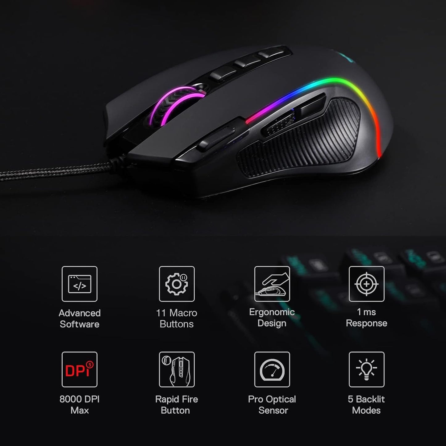 Redragon M612 Wired RGB Optical Gaming Mouse 8000 DPI Remapping Keys | Stable Lag-Free Connection, Redefine Keybinding Macro, Vibing Backlight, Ergonomic Grip Body Comfort