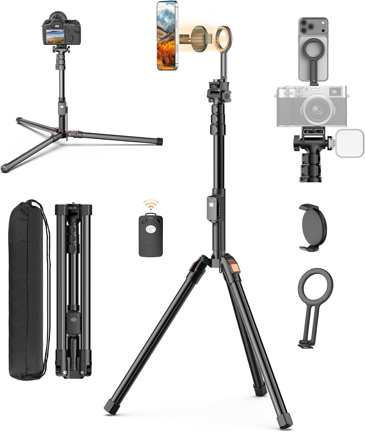 74" Magnetic Phone Tripod with Phone Clip for Magsafe, Camera Tripod | Aluminum Phone Tripod with Remote & Cold Shoe,Camera Stand Tripod for iPhone/Canon/Nikon/DSLR/Digital Camera Accessory Kits