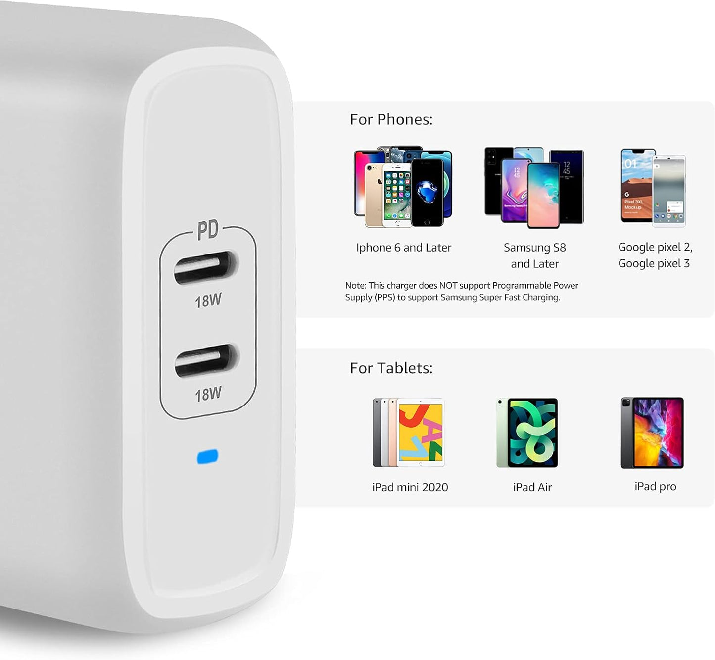 Amazon Basics 36W Dual Port USB-C Wall Charger with Power Delivery, Foldable Plug, for Tablets and Phones, Apple Watch, White, 2.34 x 1.09 x 2.21 in (PD36U-2TNB)