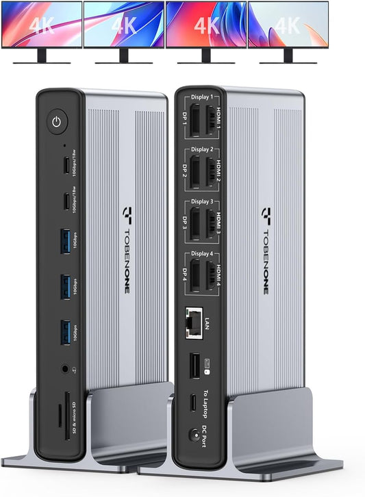 TobenONE DisplayLink Docking Station 4 Monitor 20-in-1 Quad 4K@60Hz Display | 4HDMI+4DP, 150W Power Supply, Thunderbolt 5/4/3 & USB-C Compatible, Windows, Chrome, MacBook, 6 USB, Ethernet, SD/Micro SD