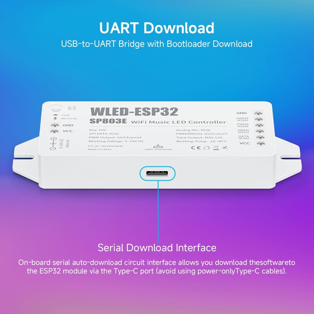 BTF-LIGHTING ESP32 WLED LED Strip Controller SP803E Built-in Mic DIY Dynamic Modes UART USB Type-C Download for WS2811,WS2812,SK6812,WS2814,WS2815 Addressable LED Strip/Matrix,PWM Dimming CCT RGB LED