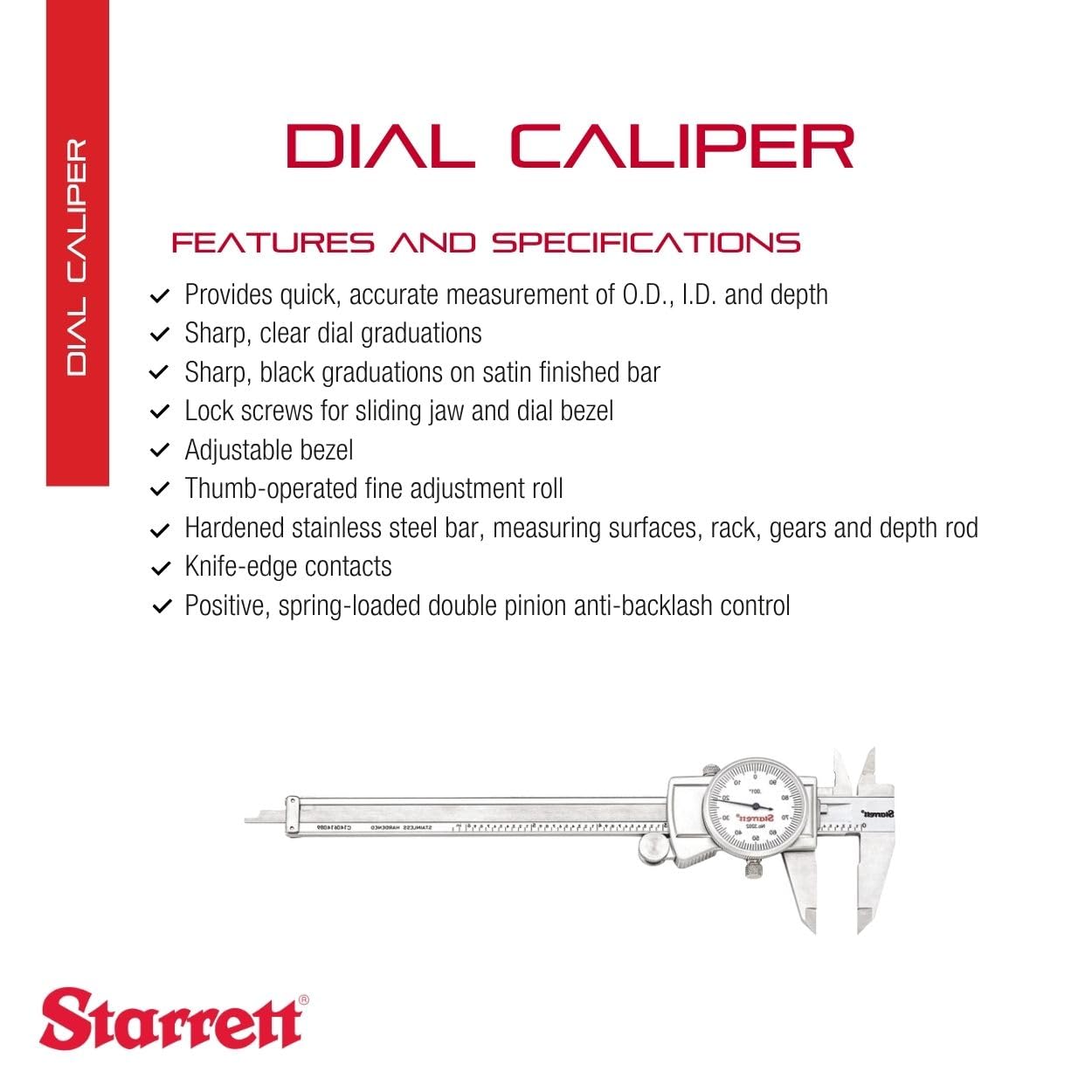 Starrett Dial Caliper, Adjustable Bezel, 0-6" Range, .001" Grad | White Face, 0.001" Accuracy, Fitted Case Included, 6" Range, 3202-6