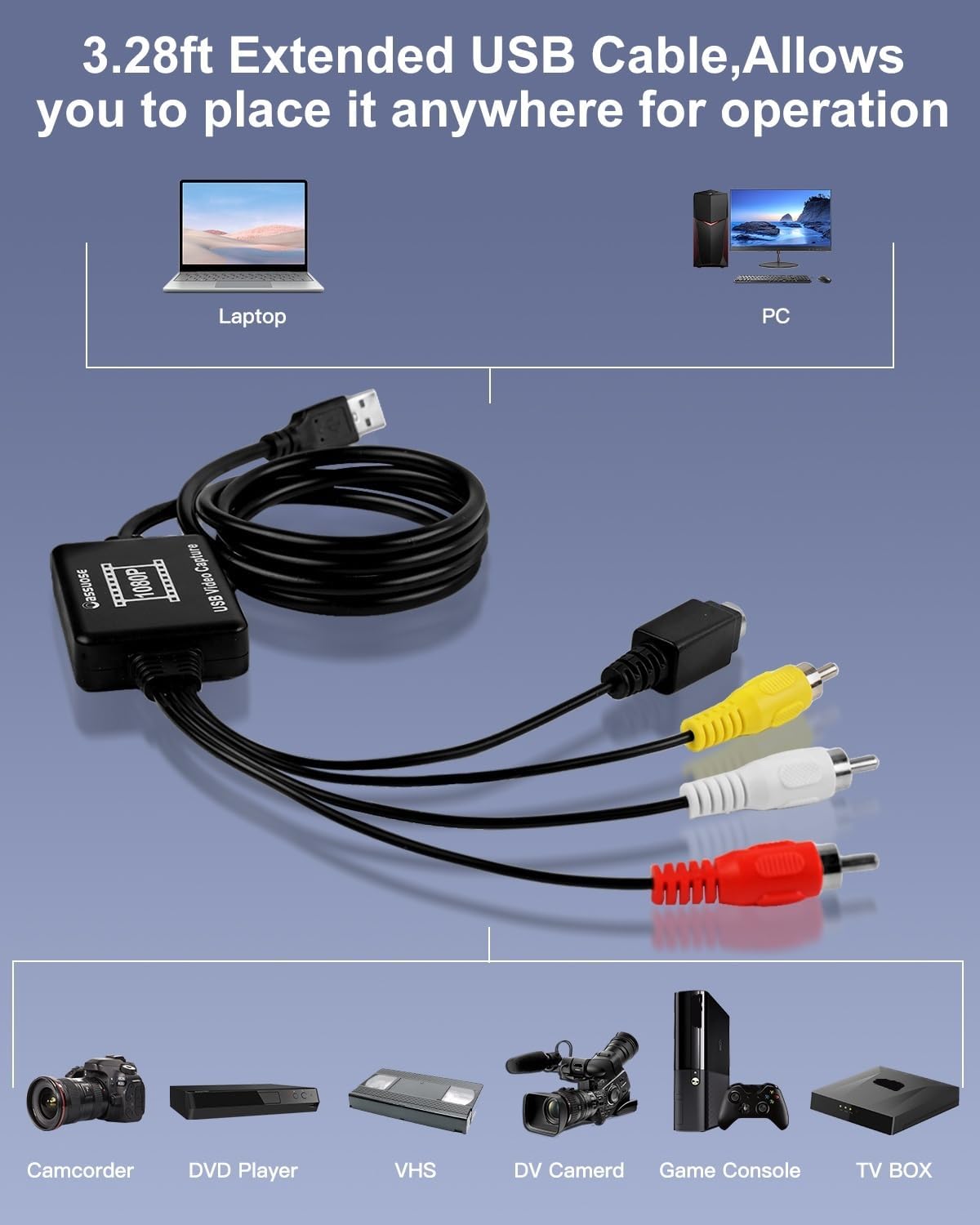 Oassuose VHS to Digital Converter,USB-A/USB-C Video 1080P Capture Card | RCA/AV to USB2.0 Audio Video Transfer Grabber,Convert Analog VHS VCR Hi8 Mini DV to Digital Converter,for PC DVD Tape Camera