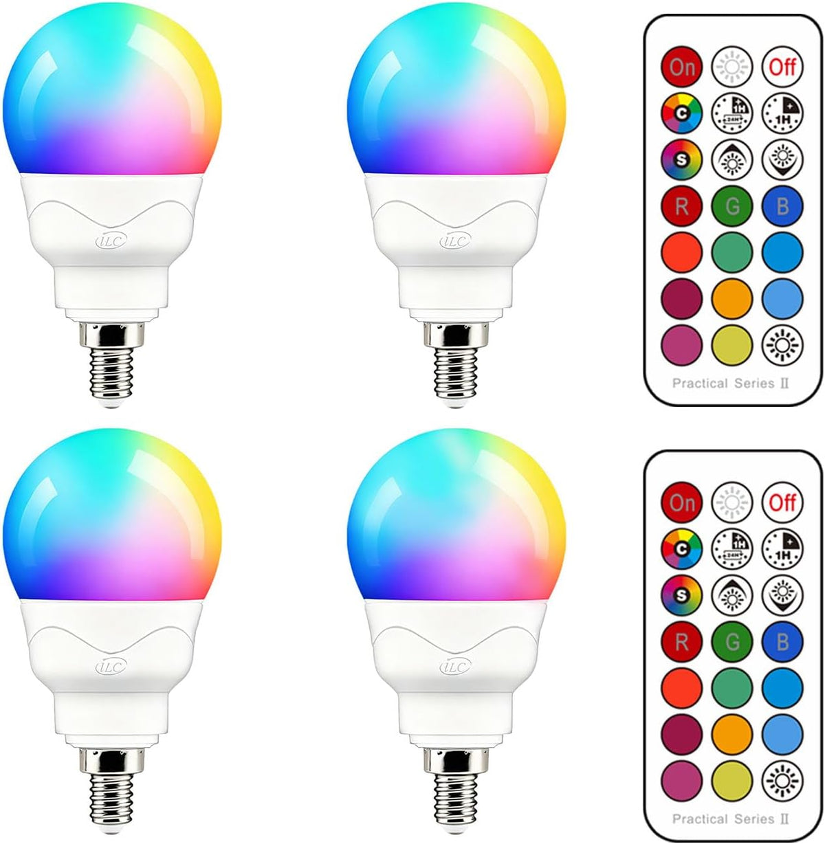 ILC E12 LED Light Bulbs (40w Equivalent) 5W, Color Changing RGB, A15 Small Base Candelabra Round Light Bulb, Candle Base, 2700K Warm White 12 Colors 2 Modes Timing with Remote Control (4 Pack)