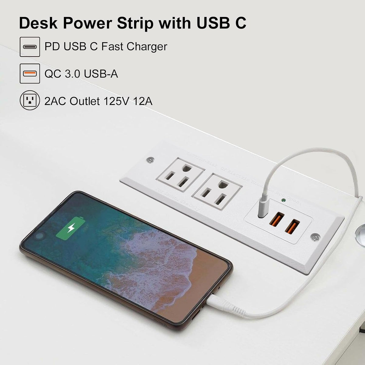 20W Recessed Power Strip USB C Fast Charge Desk Power Outlet Type C Flush Mounted Extension Power Plug for Conference Countertop Desktop Drawer Sofa ETL Listed (White)