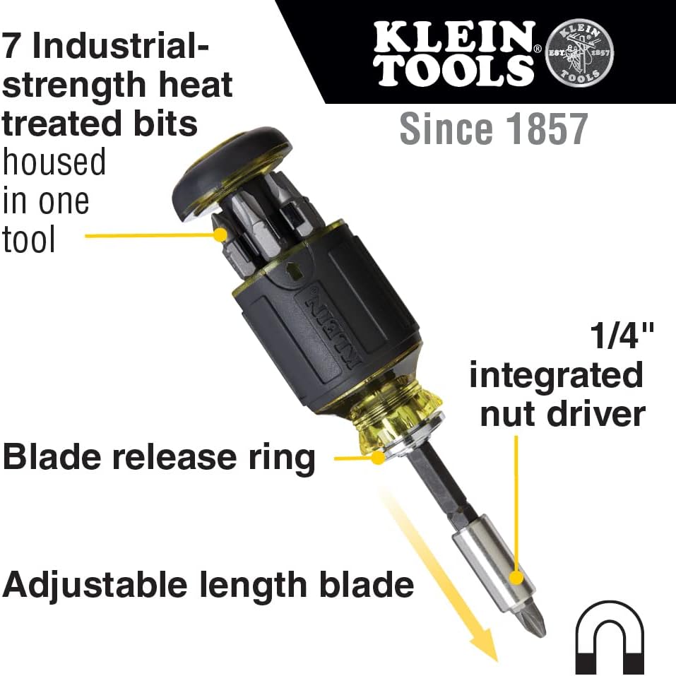 Klein Tools 32308F Impact Driver Set, 10-in-1 Stubby Screwdriver Driver Set, Hex Flip Socket, 7 Bits, 1/4-Inch Bit Holding Feature, 10-Piece