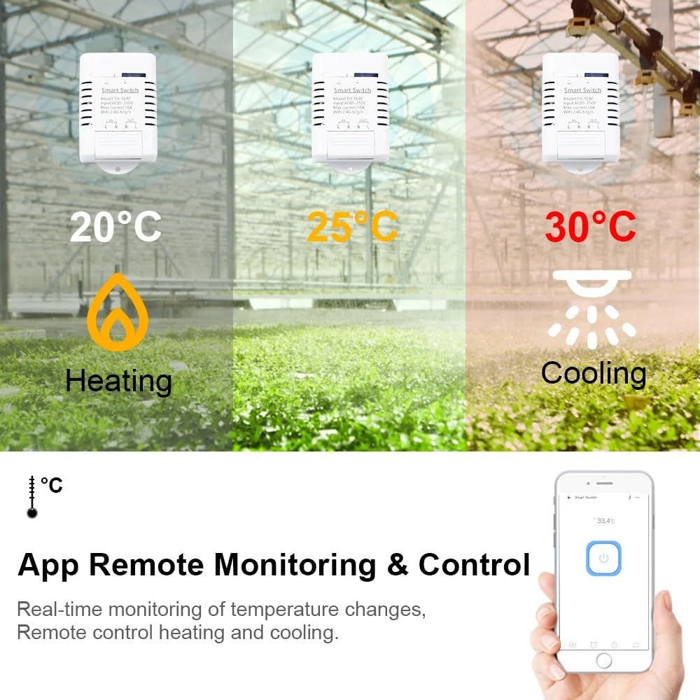 WiFi Temperature Controller Sensor Module, Tuya app Wireless Remote 16A Smart Switch with Energy Consumption Monitoring,Compatible with Alexa Google