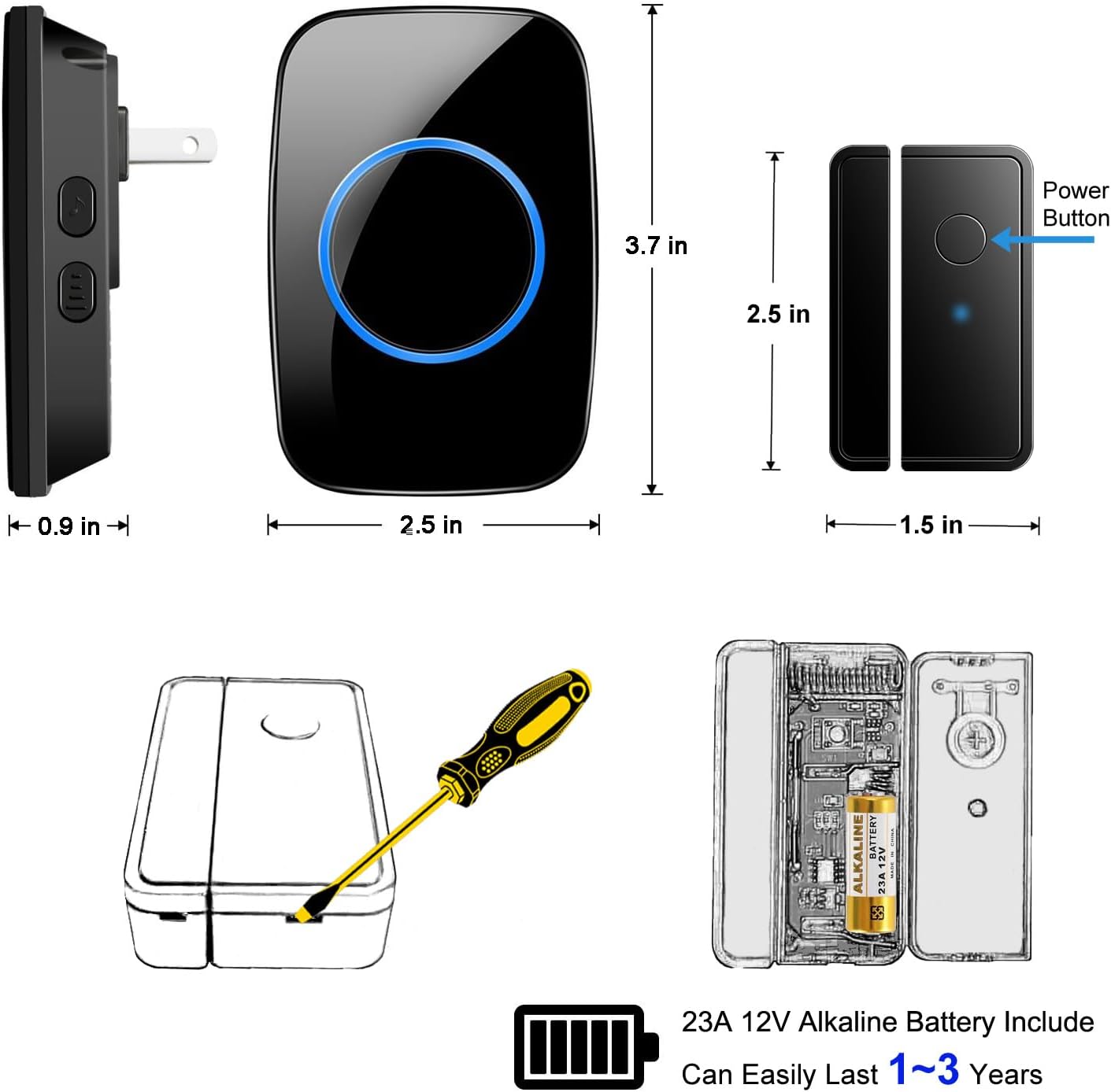 Door Chime When Door Opens, FullHouse Door Sensor Wireless Entry Alarm with 1000ft Range, 60 Chimes and 5 Volume Levels for Business/Store/Home/Office (Black, 5 Sensor + 3 Receiver)