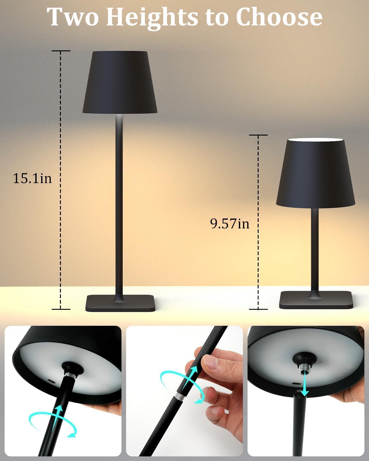 Fizrice Rechargeable Table Lamp 2 Pack Cordless Battery Operated, Black | IP65 waterproof wireless design with adjustable brightness and height feature for patio, bedroom, restaurant