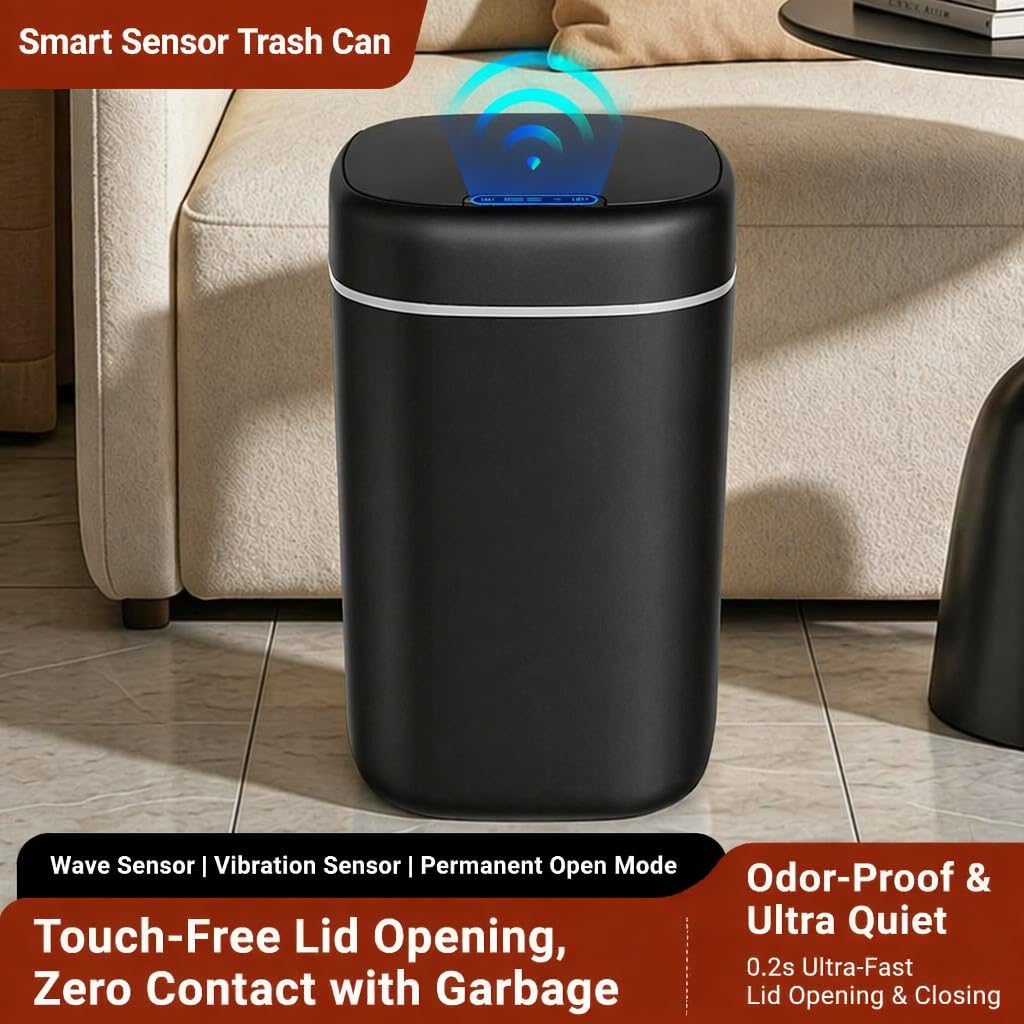 Smart Motion Sensor Trash Can, 17L (4.5 Gallon) 3 Induction Modes, Sealed Lid with Odor Control, Touch Control Function, Durable & Easy to Clean Waste Bin for Bathroom, Office，Light Gray