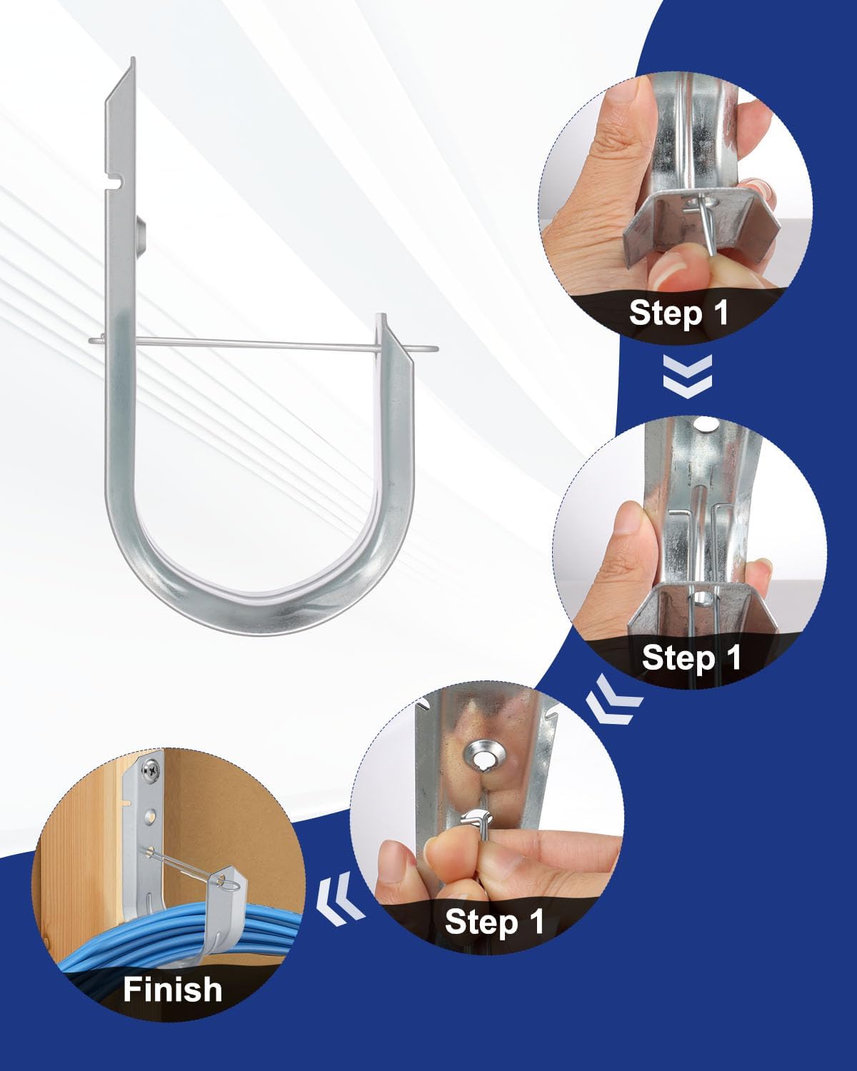 2" 50 PCS Galvanized Steel J-Hooks | Heavy Duty Wall Mount Cable Support J Hook with Retainer Clip for Cable Management