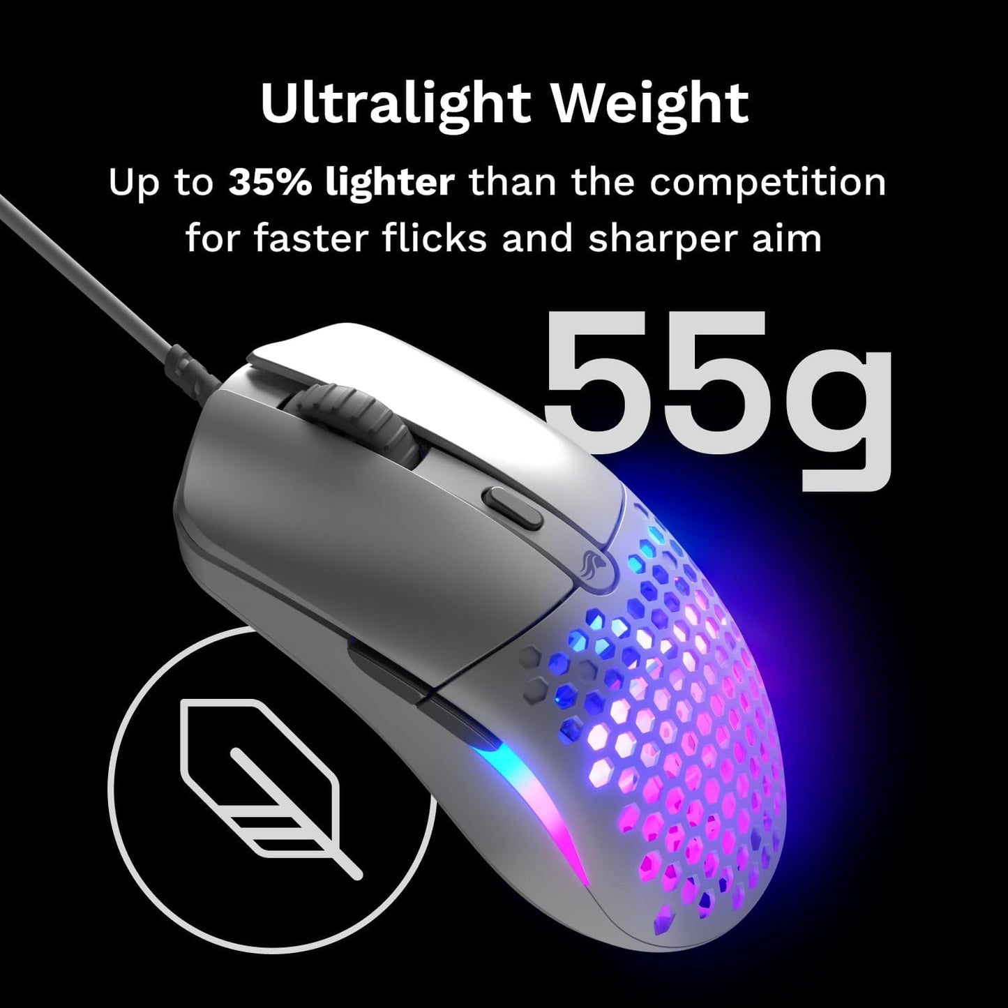 GLORIOUS Model O Eternal Ultralight RGB Gaming Mouse - Wired - 55g Lightweight - Customizable RGB Lighting - 6 Programmable Buttons - Symmetrical Design - 12K DPI Optical Sensor - PC/Mac - White