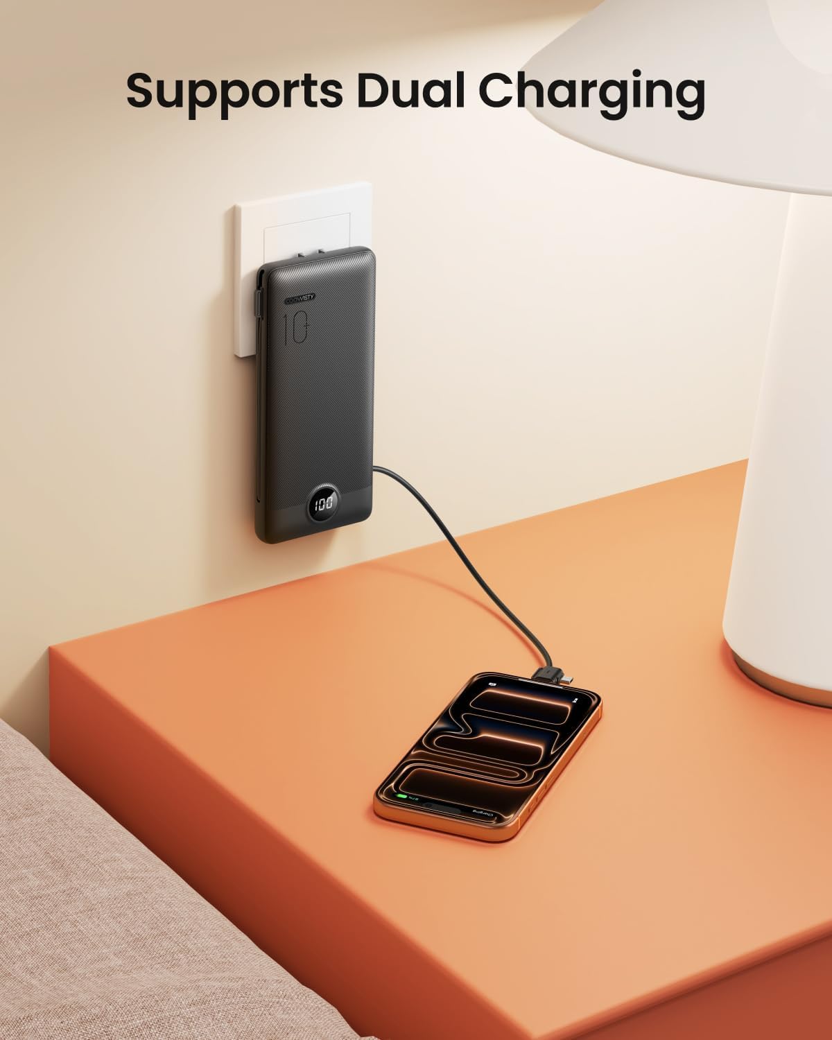 Portable Charger with Wall Plug, Slim USB C Power Bank with Built-in Cables, 10000mah LED Display External Battery Pack Compatible with iPhone/Android & More (Black)
