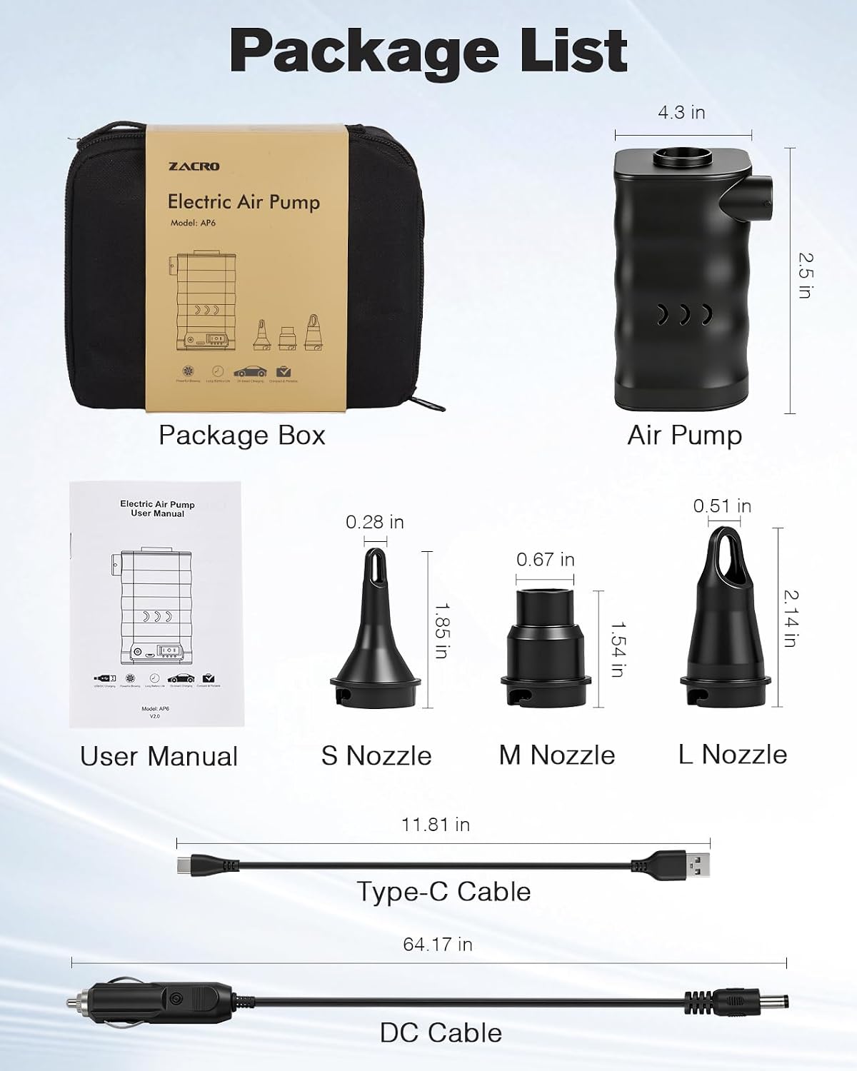 Zacro Portable Electric Air Pump with 6000mAh Battery for Quickly Inflatables and Deflation, Powered by USB/Any Standard 12V Vehicle Outlet, 3 Nozzles for Mattresses, Lounger Sofa, Pool Floats, Airbed
