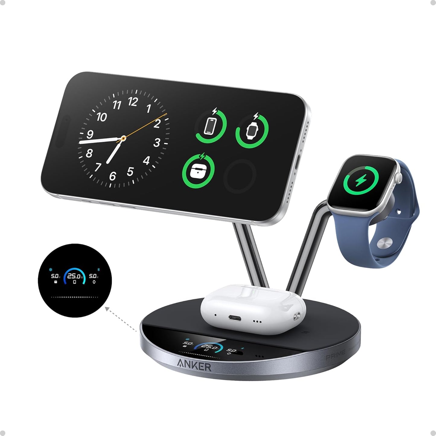 Anker Prime 3-in-1 Qi2.2 MagSafe Compatible 25W Wireless Charging Station | Smart Display with TEC Active Cooling, for iPhone 17, Apple Watch, AirPods Pro, and More (Adapter Included)