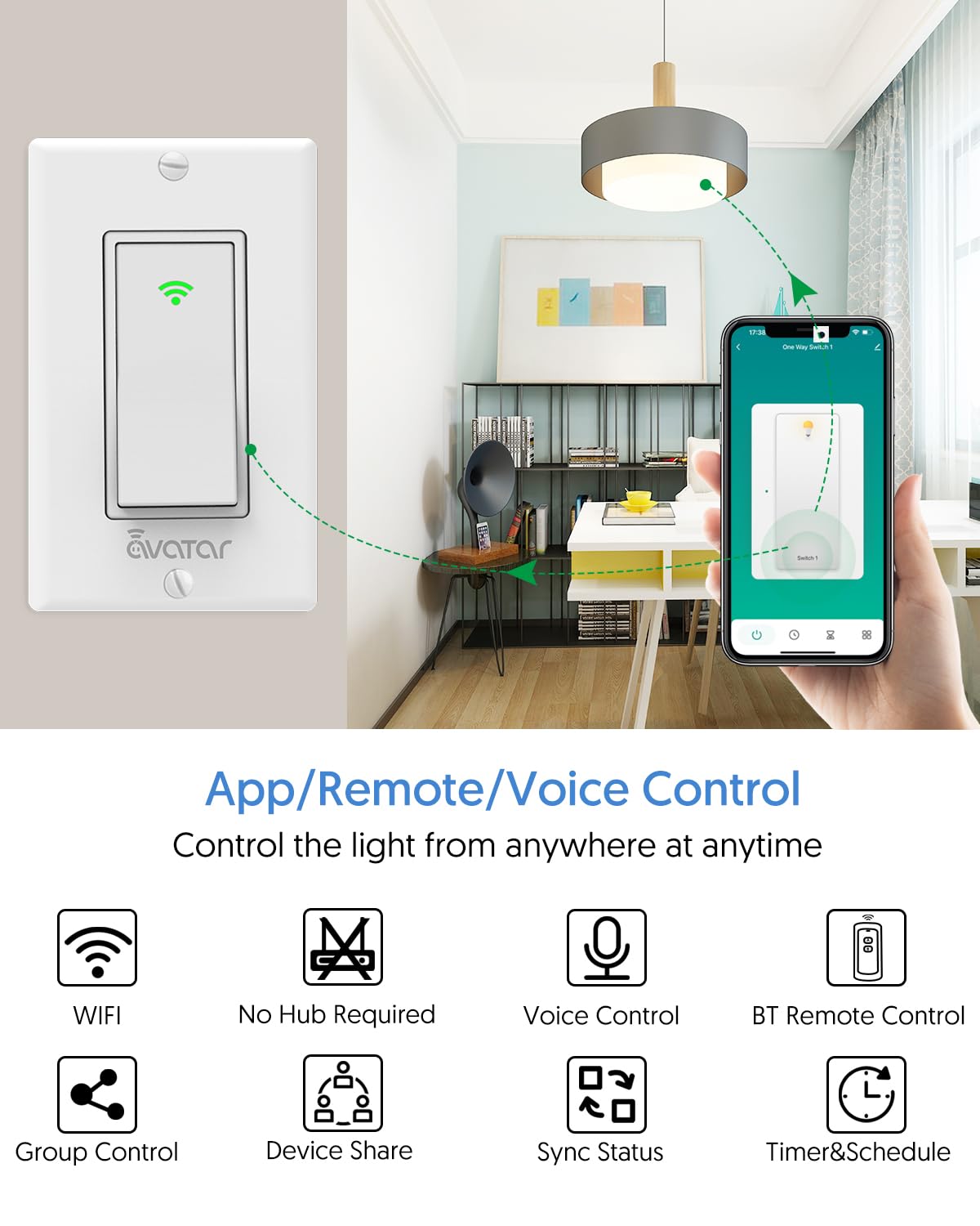 Smart Light Switch with Bluetooth Remote, Single Pole One-Way WiFi Wall Switch, Smart Life App & Voice Control, Compatible with Alexa & Google Assistant, Neutral Wire Required, No Hub Needed