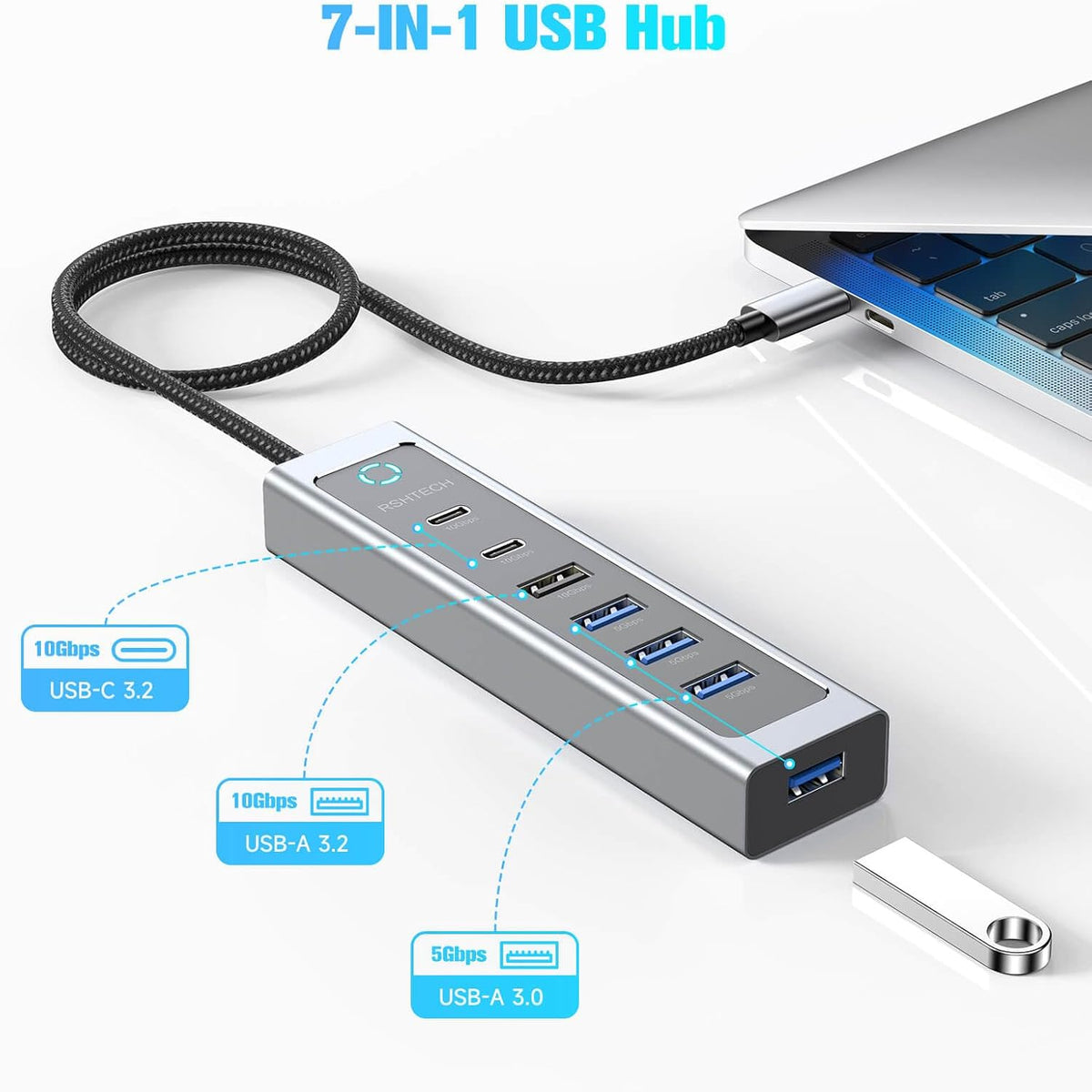 RSHTECH 7-Port USB C Hub 10Gbps with 3 USB-3.2 (2C + 1A), 4 USB-3.0 Ports