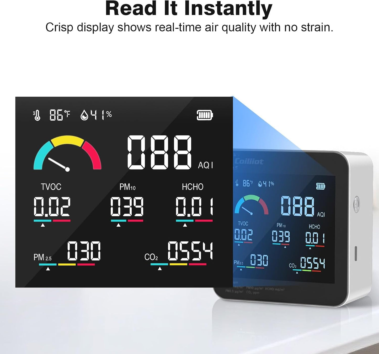 Air Quality Monitor Indoor – CO2 Detector, VOC Meter and AQI Tester Tracks TVOC, HCHO, PM2.5 &amp; PM10 with Temperature &amp; Humidity Sensor for Home Office (White)