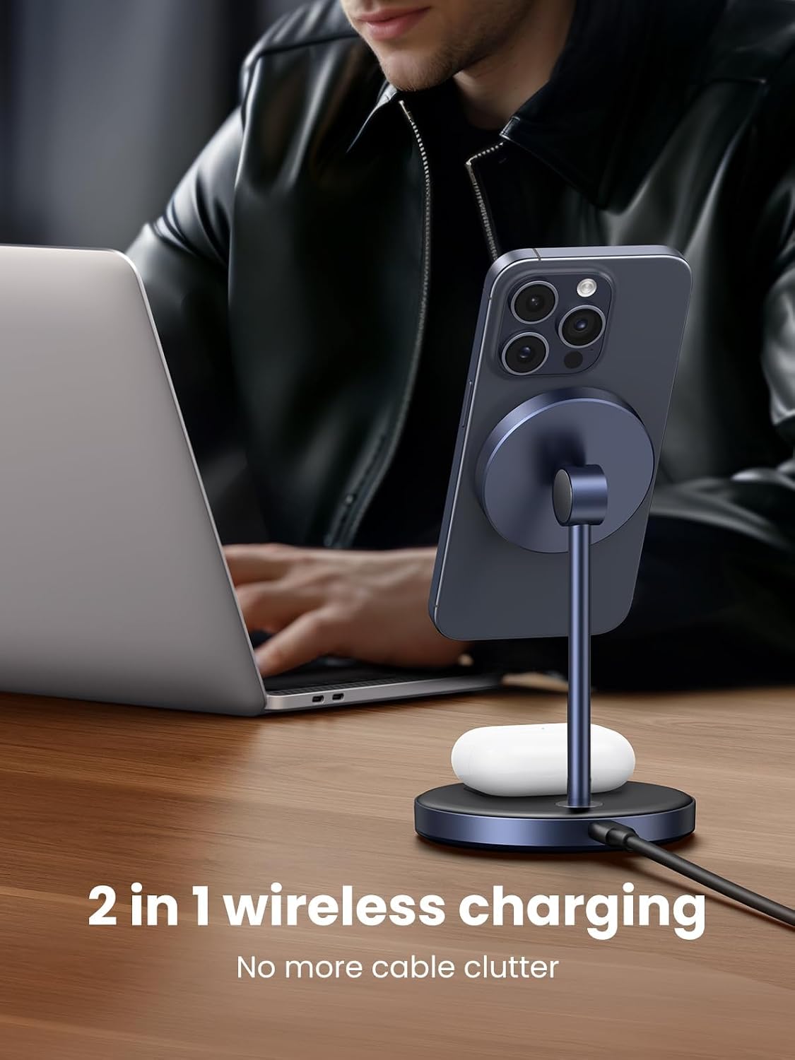 UGREEN MagFlow 2-in-1 MagSafe Compatible Wireless Charging Stand | Fast Wireless Charger for iPhone 12-17 Series and AirPods, 3FT Cable (Adapter Not Included)