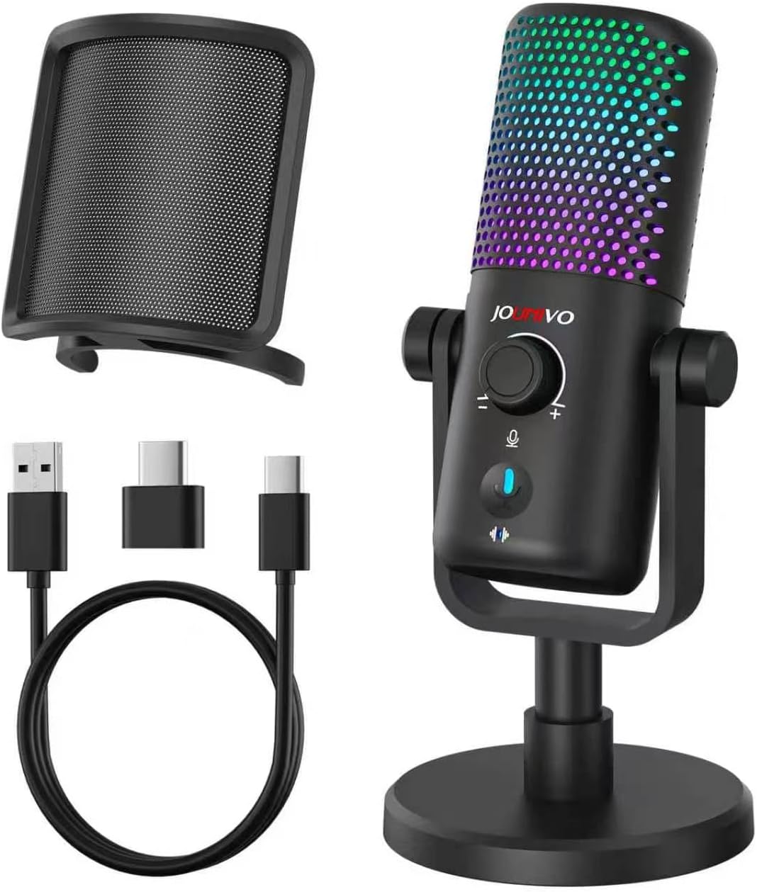Gaming USB Microphone for PC with Pop Filter Volume Control Headphone Jack RGB Light Mute Button Plug and Play for PS4 PS5 Mac Streaming Podcast