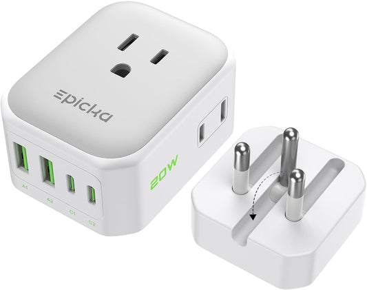 EPICKA Thailand Travel Plug Adapter, Foldable & Detachable Type O (Thailand) VisaPlug, 8-in-1 International Power Adapter with 4 USB Ports (2 USB-C PD 20W), Cruise Approved, US to Thailand, White