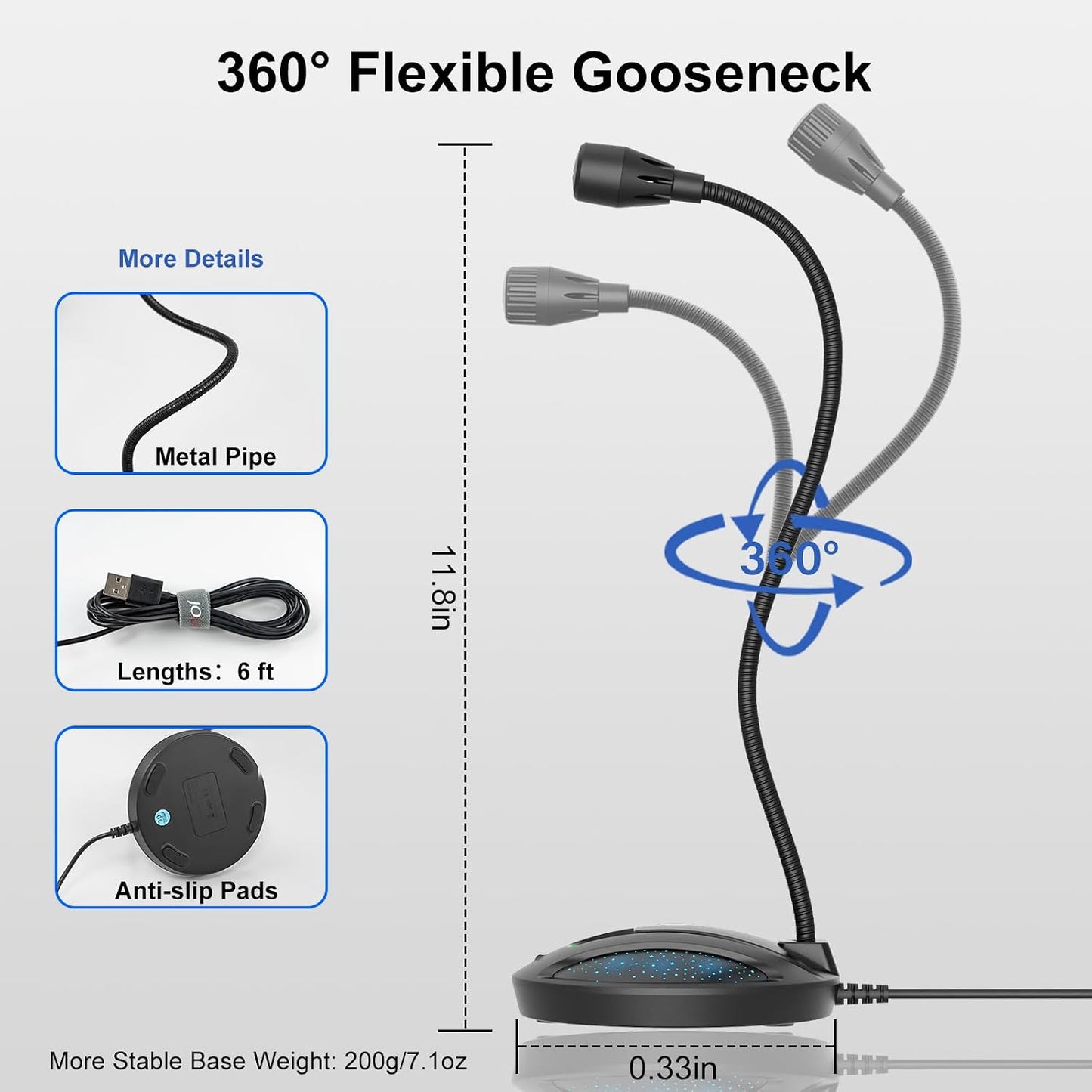 Plug & Play USB Computer Microphone, Flexible Gooseneck Desk Microphone for Podcasting, Streaming, Conference, Noise Canceling Microphone with Mute Button LED for PC/Mac