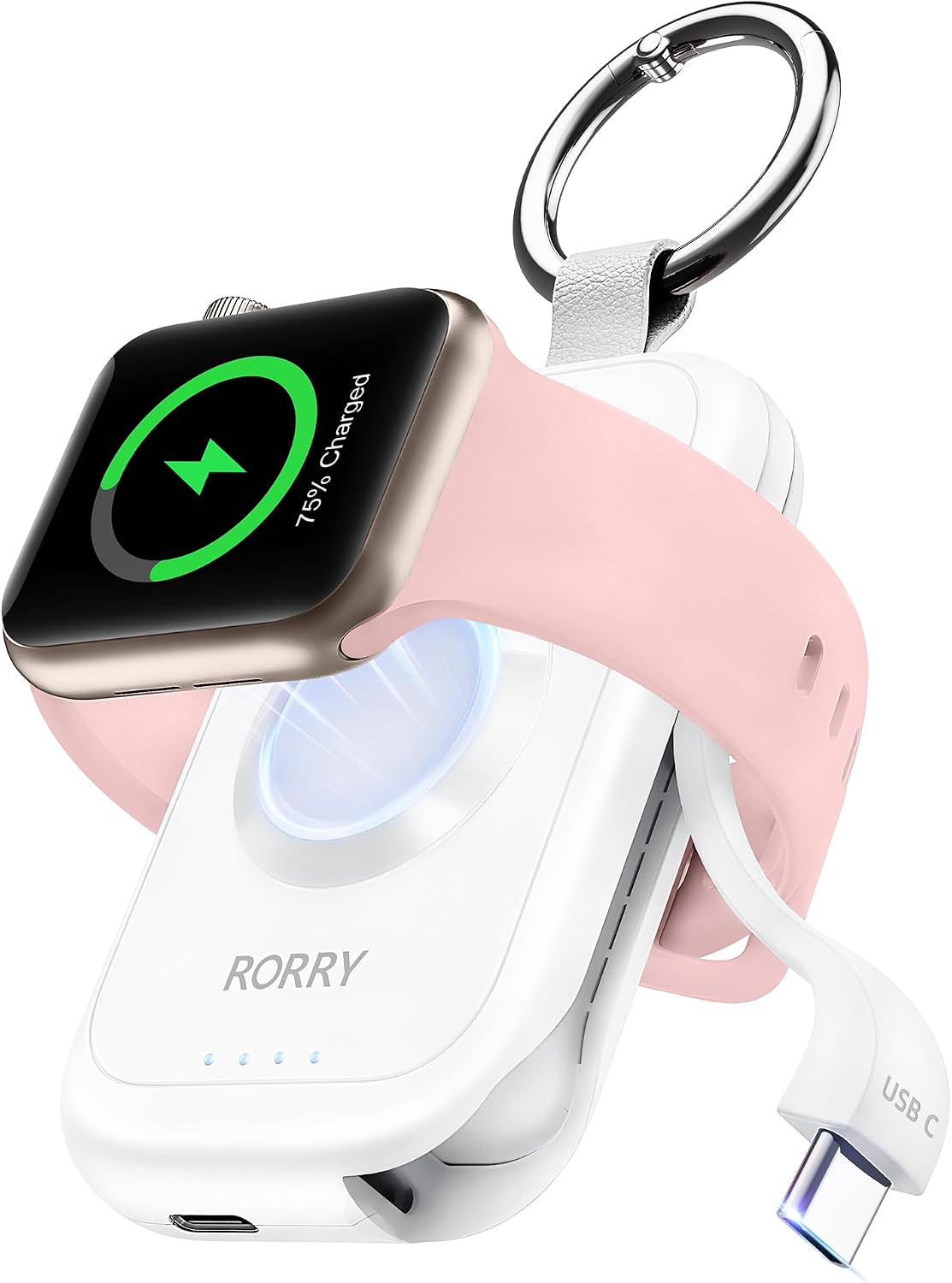 RORRY CharmGo for Apple Watch Charger, 2500mAh Portable Charger for iWatch | Fast Charging Travel Keychain Charger with Built-in USB C Cable for Apple Watch Ultra Ultra Series 11 10 9 8 7 6 3 2