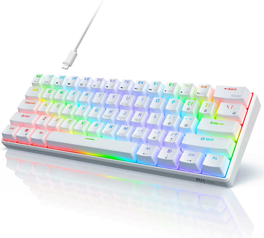 RK ROYAL KLUDGE RK61 Wired 60% Mechanical Gaming Keyboard, Compact PC Game Keyboards with QMK/VIA Programmable RGB Backlit, Hot Swappable Custom Keyboard for Win/Mac, Pre-lubed Red Switch, White