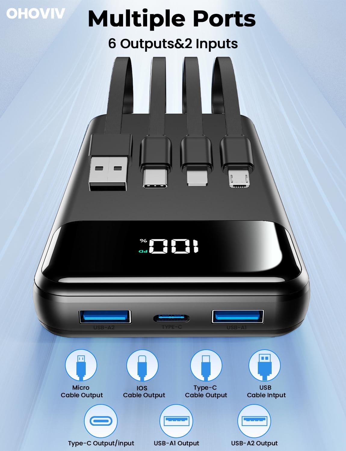 OHOVIV 50000mAh Power Bank, PD22.5W Portable Charger with 4 Built-in Cables | Power 6 Devices at Once,Fast Charging,Travel Camping Must-Have,USB-C Battery Pack for iPhone 17/16/15 Samsung Android,Dark