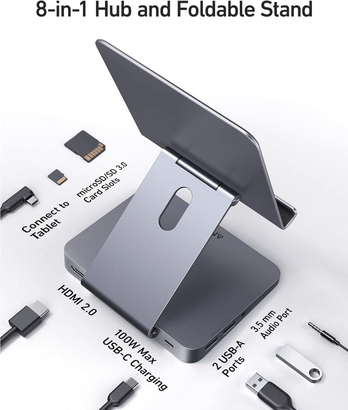 Anker USB C Hub for iPad, 551 USB-C Hub (8-in-1), with Foldable Tablet Stand, iPad Pro Dock, 4K HDMI, 2 USB-A Data Ports, for iPad Pro 5th Gen/iPad Air 5th Gen/iPad mini 6th and Later (Silver)